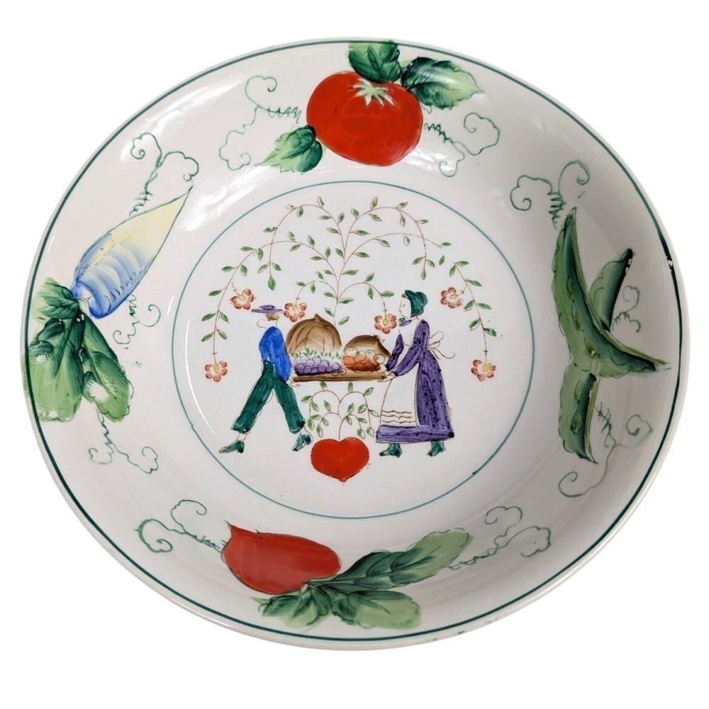 Hand Painted Folk Art‎ Amish Dutch Farmers Vegetables Serving Bowl 10" Vintage